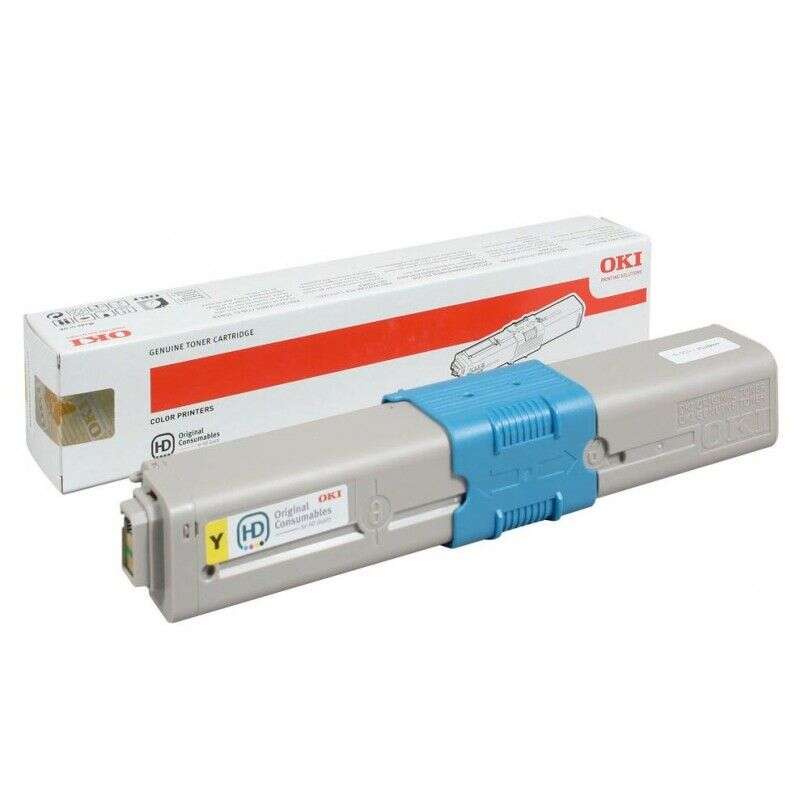 Cartucho de toner amarelo para impressora OKI com caixa branca e faixa vermelha