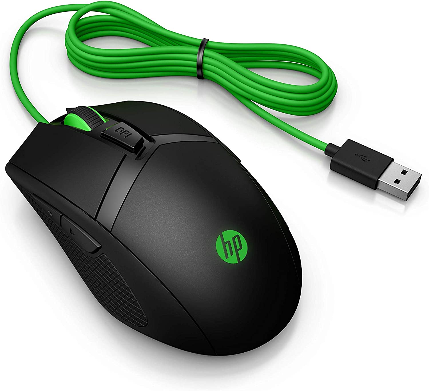 Rato gaming preto com detalhes verdes e cabo USB verde.