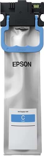 Cartucho de tinta Epson Cyan em embalagem prateada e preta com etiqueta azul