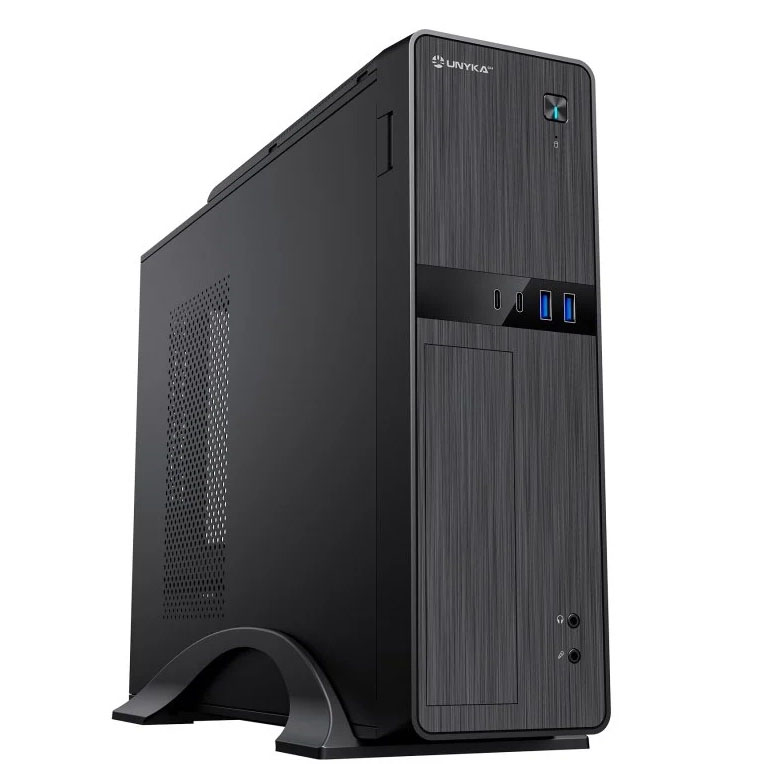 Computador de secretária Unyka preto com padrão escovado no painel frontal e portas USB azuis