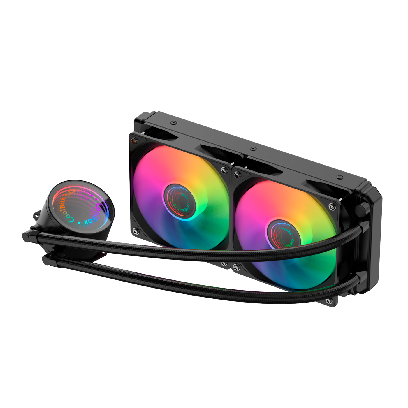Refrigeração líquida com ventoinhas RGB e radiador preto para computador.