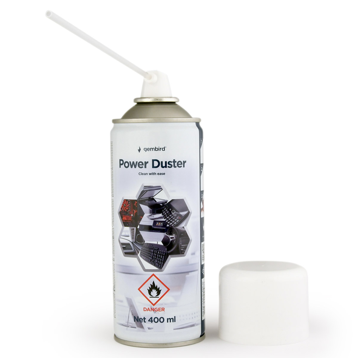 Spray Power Duster gembird 400 ml com tubo e tampa branca destacada