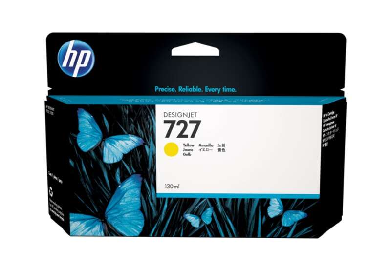 Embalagem preta de tinta HP DesignJet 727 amarela com borboletas azuis