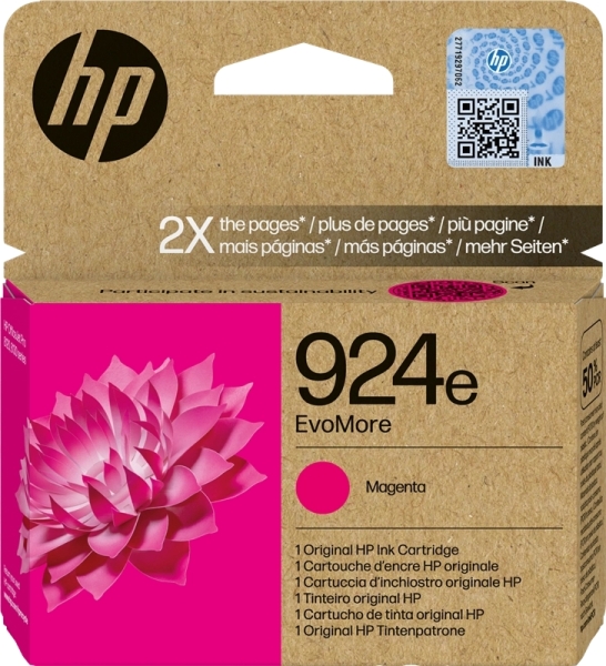 Embalagem de cartucho de tinta HP 924e magenta em cartão castanho