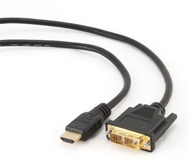 Cabo HDMI para DVI preto com conetores dourados em fundo branco
