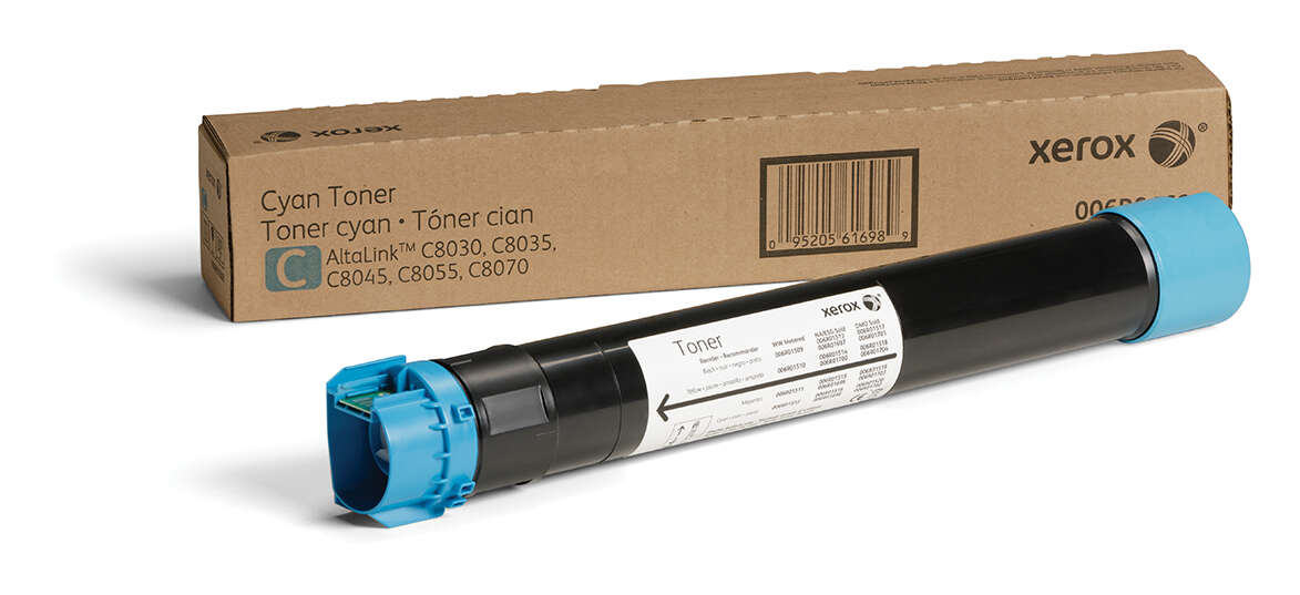 Toner cyan Xerox AltaLink com embalagem de cartão castanho e cilindro plástico preto com tampas azuis