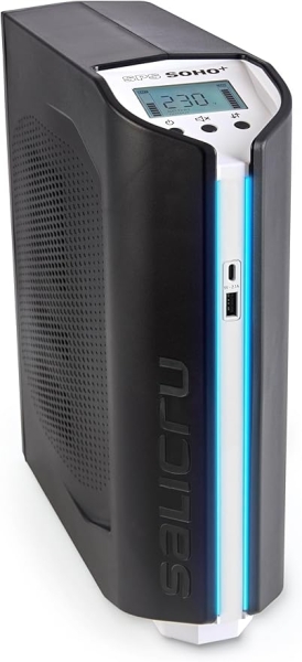 UPS Salicru Soho+ preto com ecrã digital azul e iluminação frontal azul