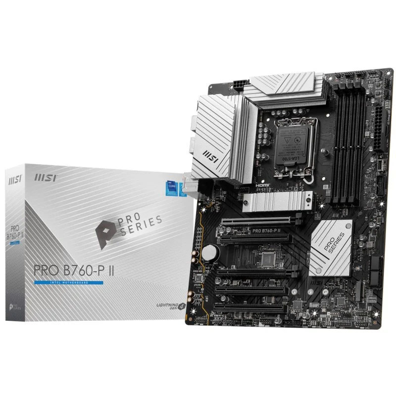 Placa-mãe MSI PRO B760-P II com caixa ao lado