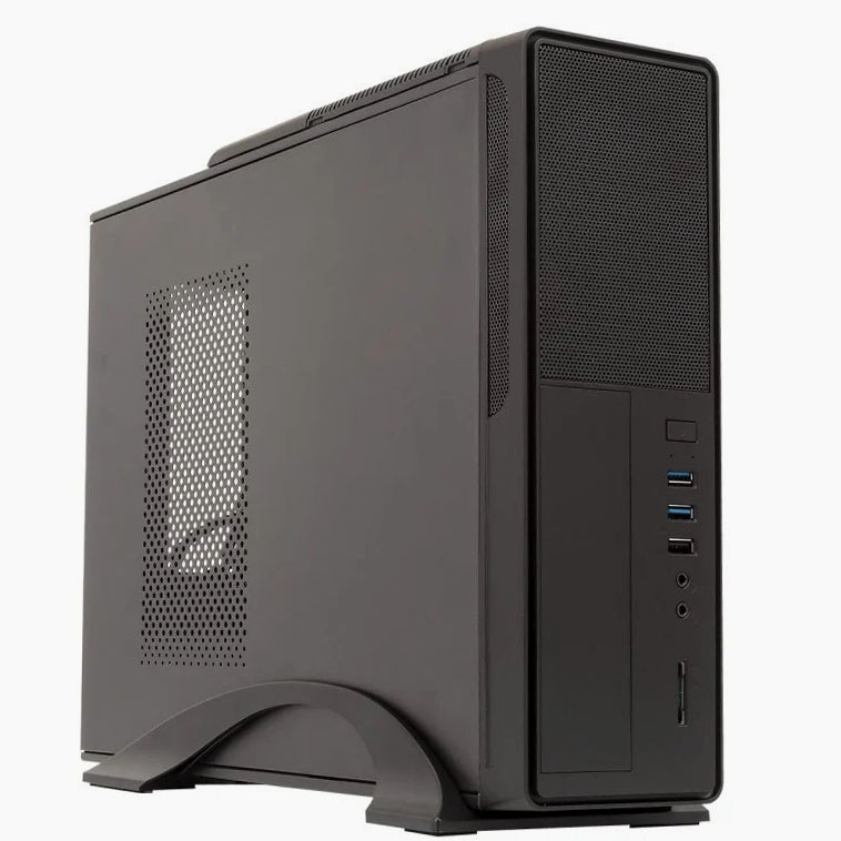 Computador de secretária preto com portas USB e ventilação