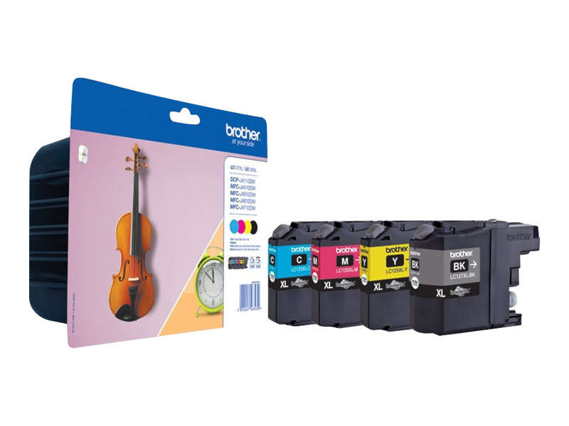 quatro tinteiros Brother XL coloridos com embalagem azul e roxa que mostra um violino e um relógio