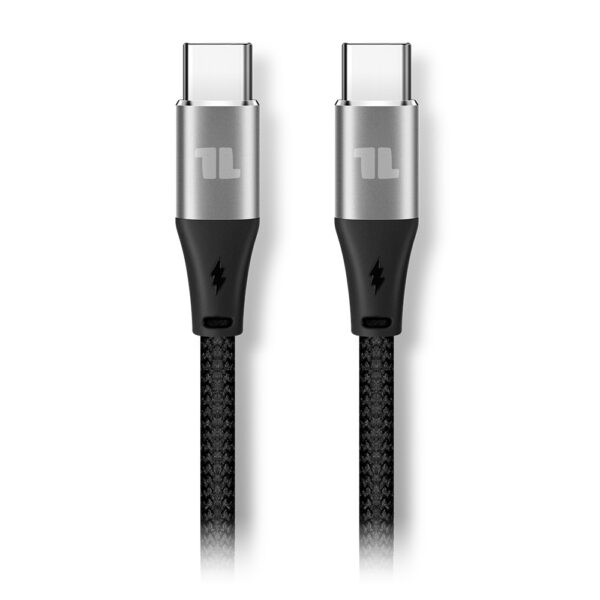 Cabo USB-C preto com conectores metálicos prateados e símbolo de raio