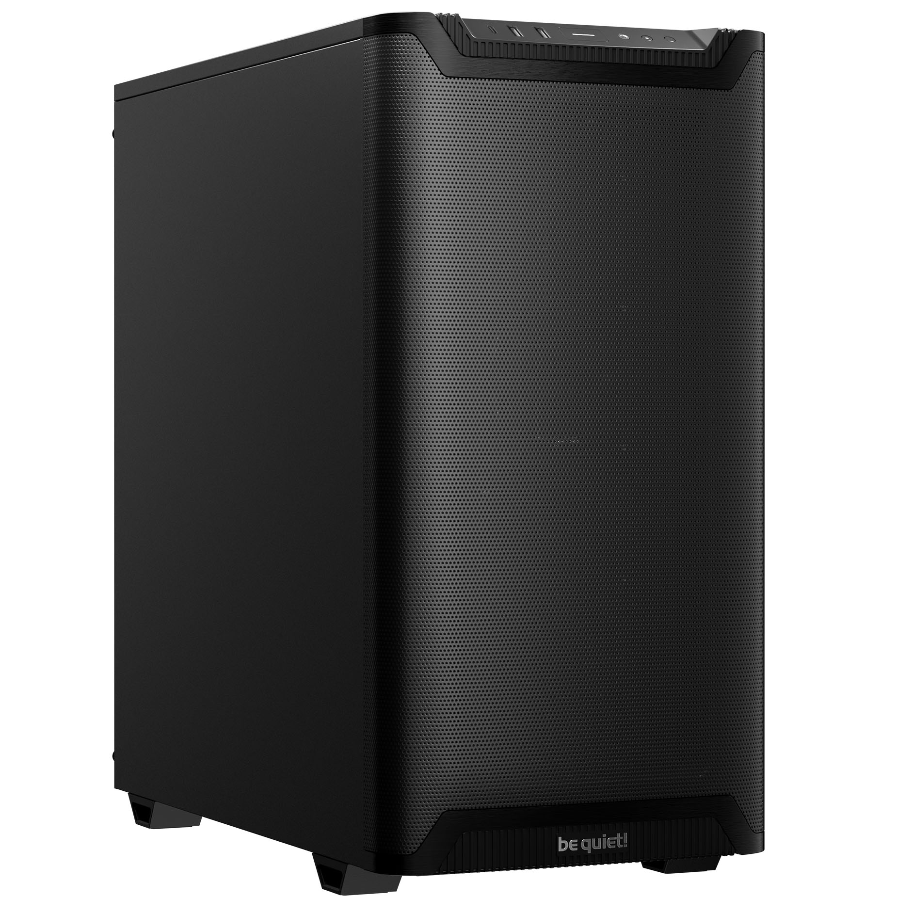 Computador de secretária preto com metal perfurado e marca be quiet!