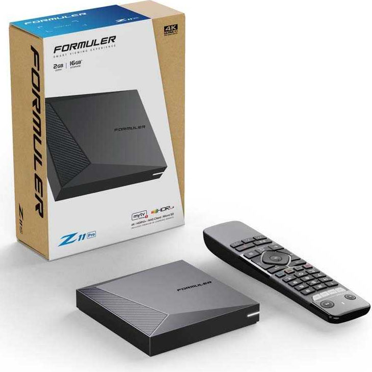 Set-top box preto e cinza FORMULER Z11 Pro com telecomando e embalagem