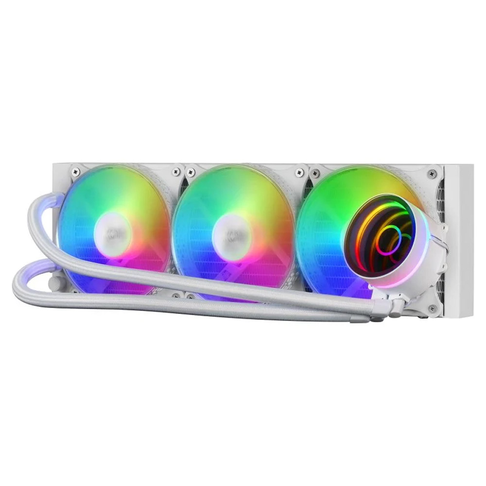 Sistema de refrigeração líquida com três ventoinhas RGB e bloco de água iluminado