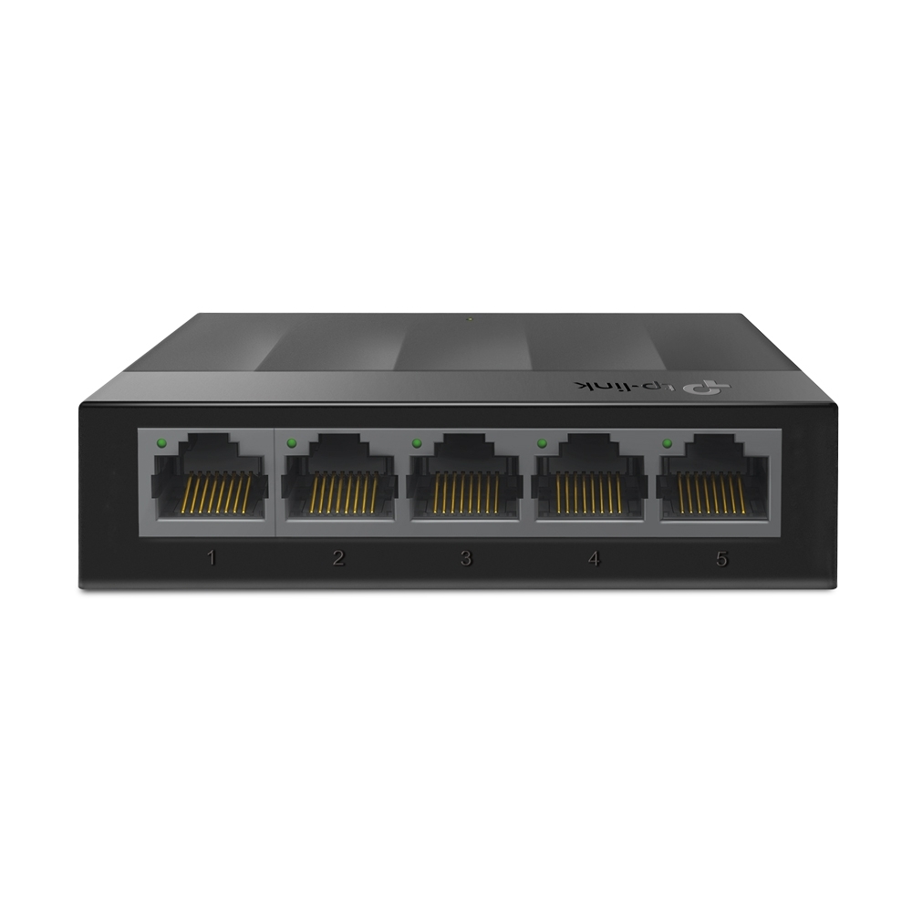 Switch de rede preto TP-Link com cinco portas Ethernet