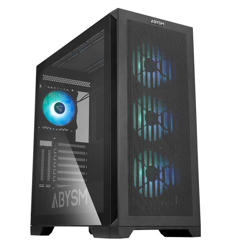 Computador preto com painel lateral de vidro e ventoinhas iluminadas em azul e verde