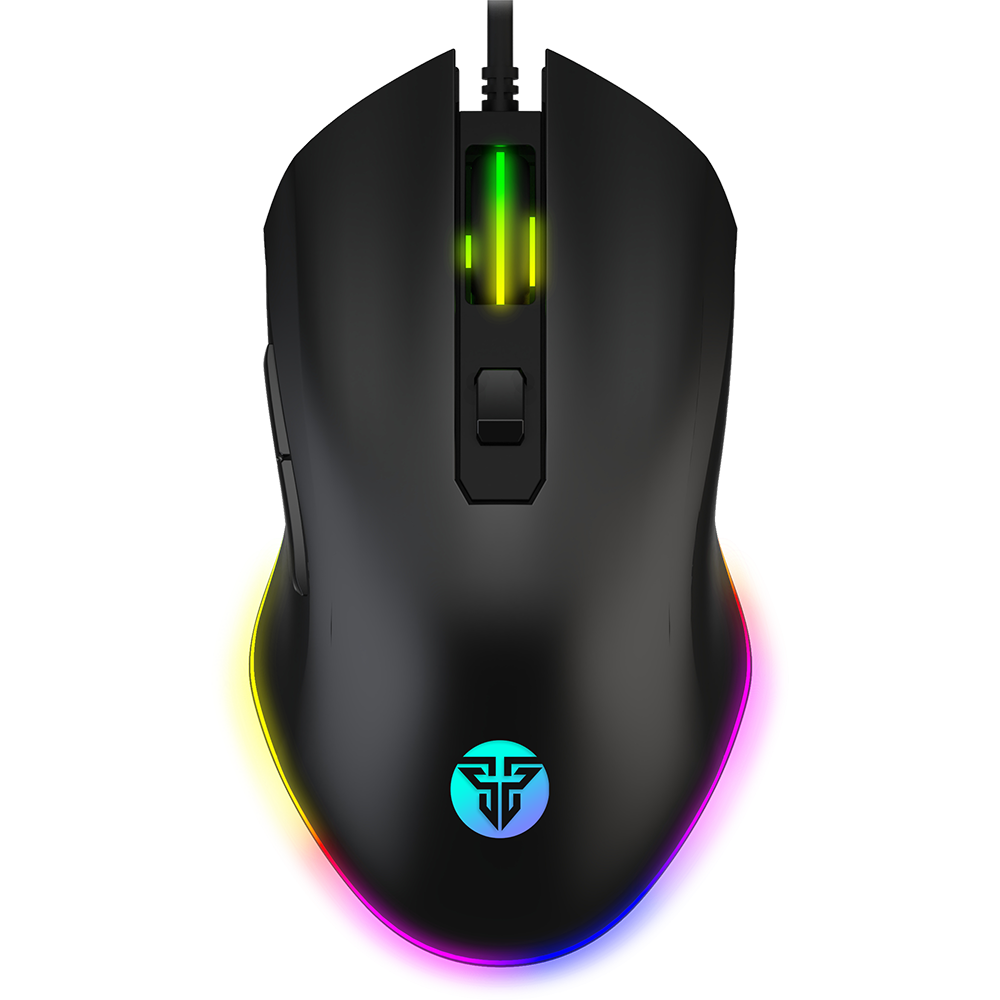 Rato de computador preto com iluminação RGB nas bordas e roda de scroll iluminada