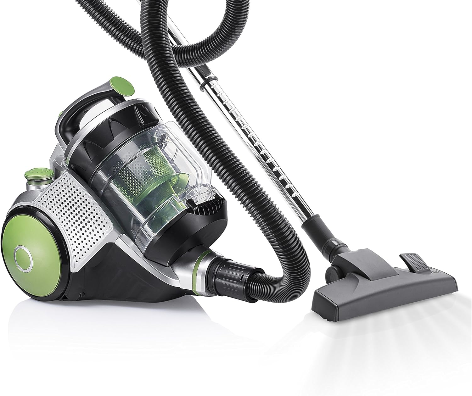 Aspirador cilíndrico preto e verde com tubo e mangueira flexível