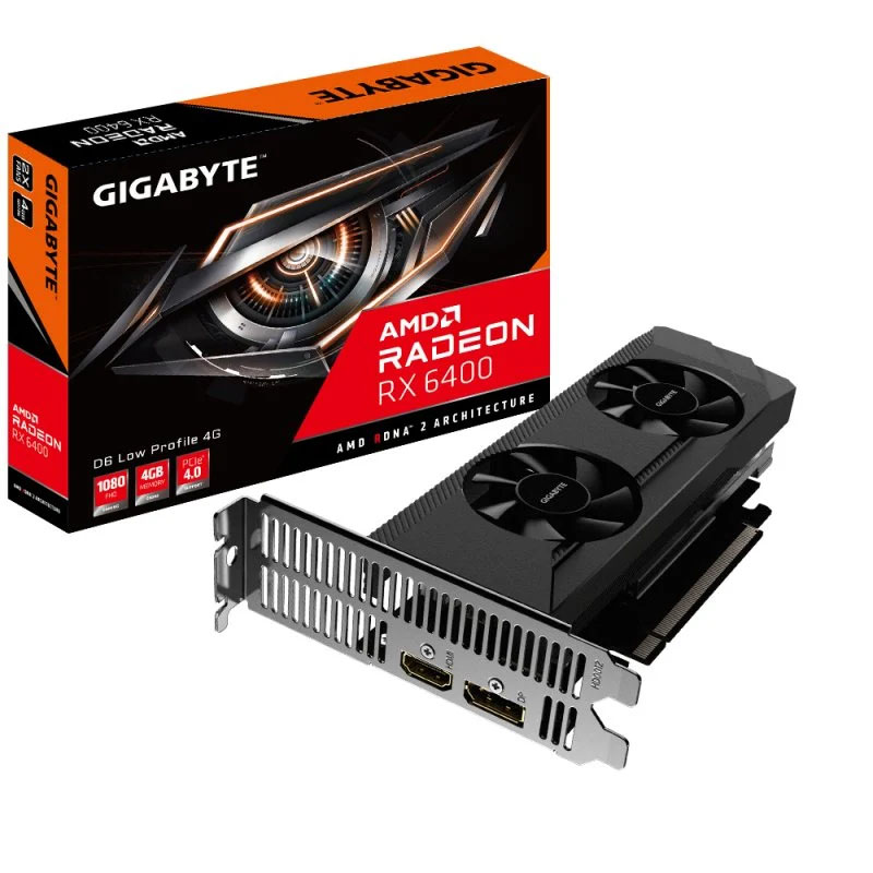 Placa gráfica Gigabyte AMD Radeon RX 6400 preta com duas ventoinhas ao lado da caixa colorida
