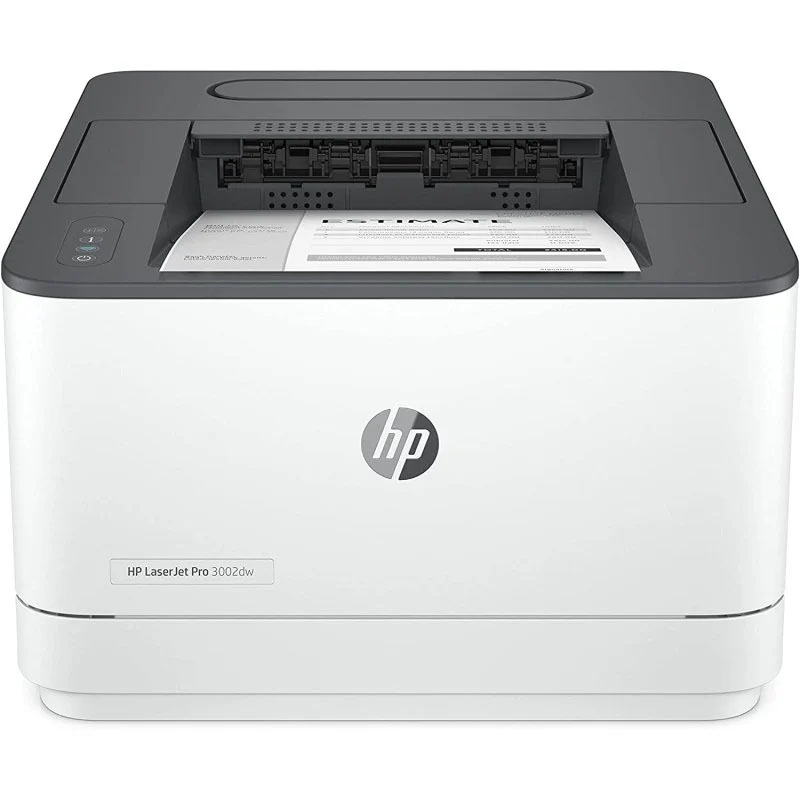 Impressora HP LaserJet Pro 3002dw branca e cinzenta a imprimir papel