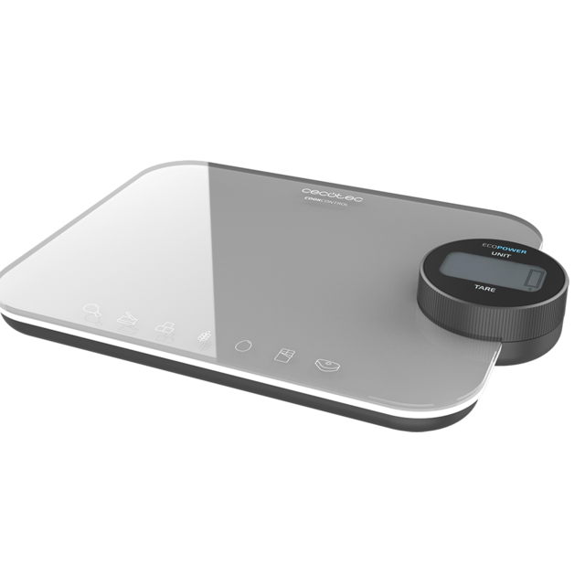 Balança digital de cozinha cinzenta com visor redondo preto e ícones brancos