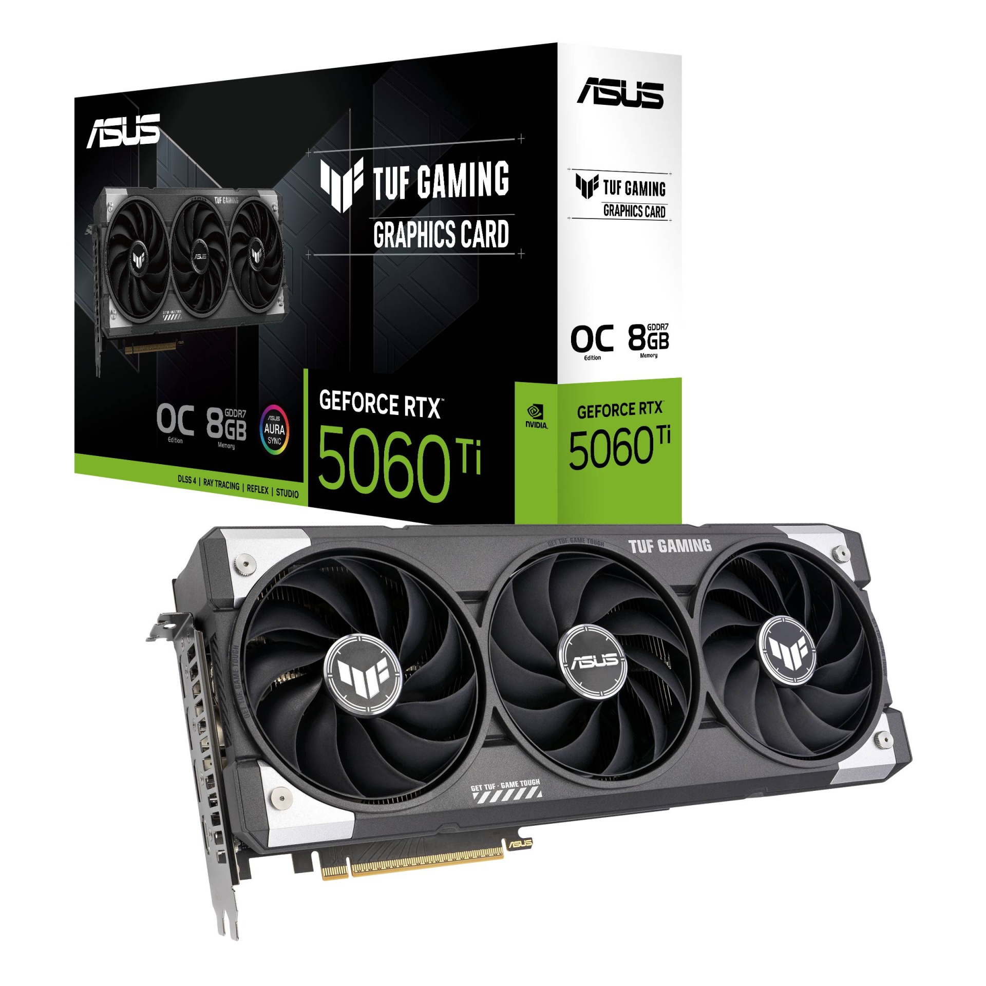 Placa gráfica ASUS TUF GAMING GEFORCE RTX 5060 Ti com 3 ventoinhas pretas e detalhes cinza