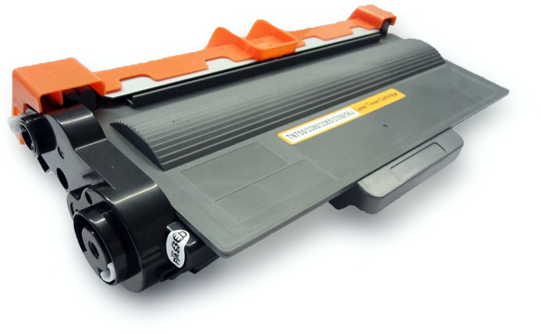 Toner de impressora preto com etiqueta amarela e partes em plástico alaranjado