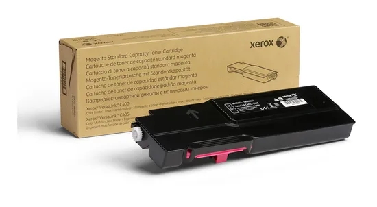 Toner de impressora Xerox preto com detalhe rosa e caixa de papelão marrom