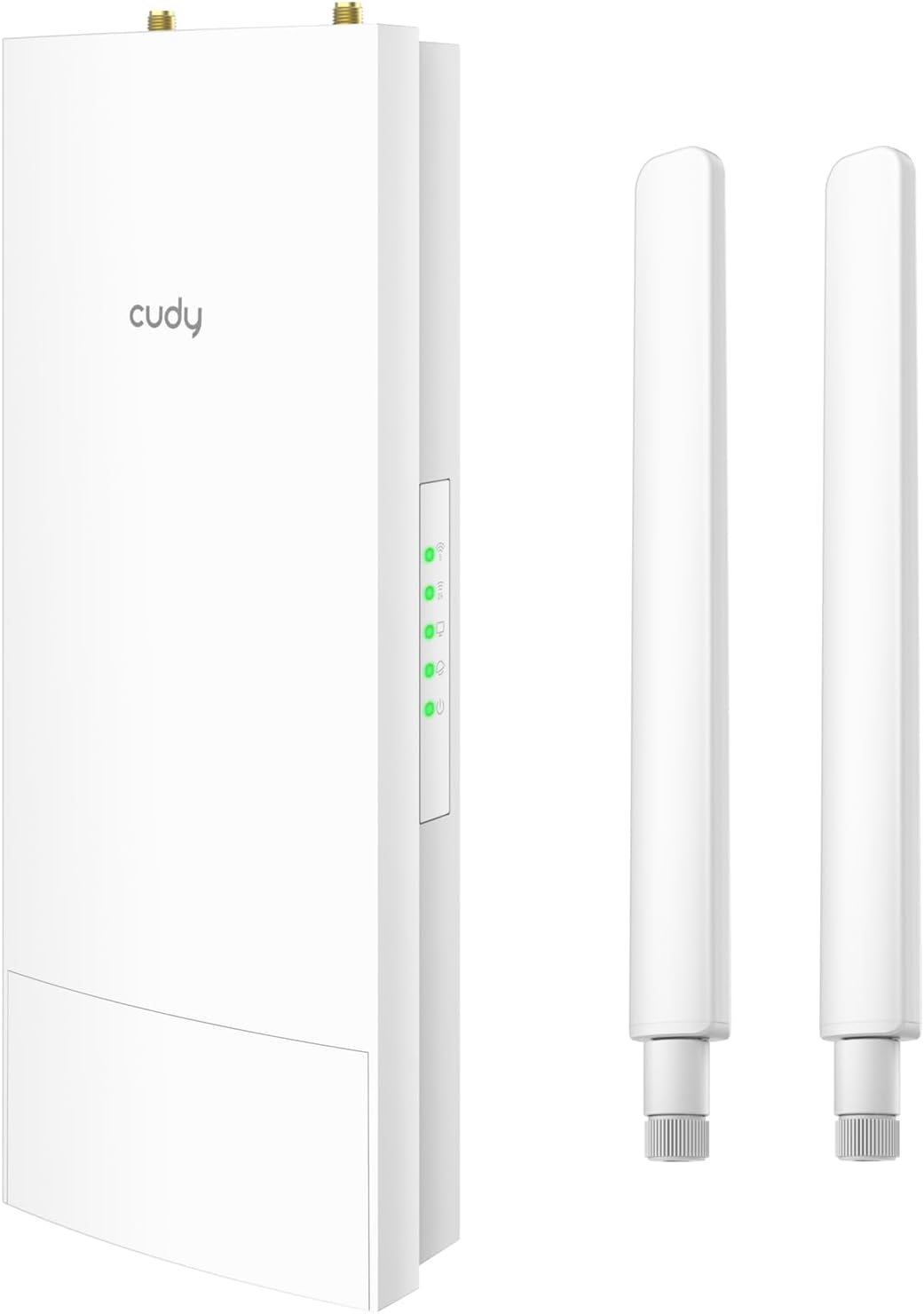 Roteador Wi-Fi branco cudy com antenas e LEDs verdes