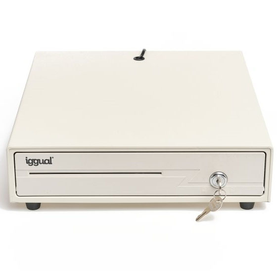 Caixa metálica de dinheiro bege com fechadura e chaves