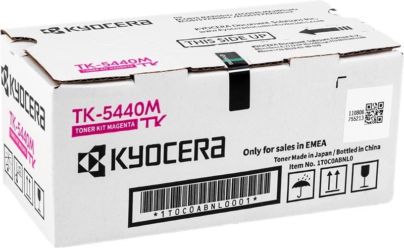 Caixa branca de toner Kyocera TK-5440M magenta com código de barras e texto em inglês