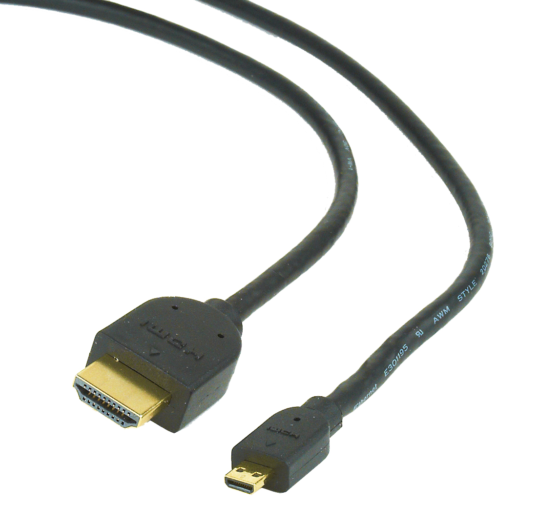 Cabo HDMI preto com conectores dourados num fundo branco
