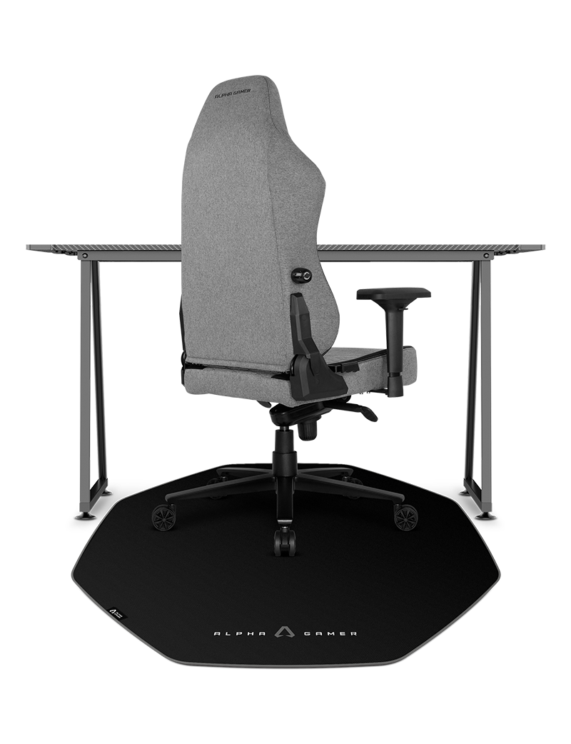 Cadeira de gaming cinza com base preta e texto ALPHA GAMER