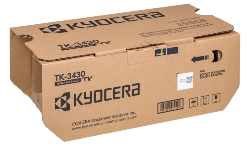 Caixa de toner preto Kyocera TK-3430 em papelão castanho com texto preto