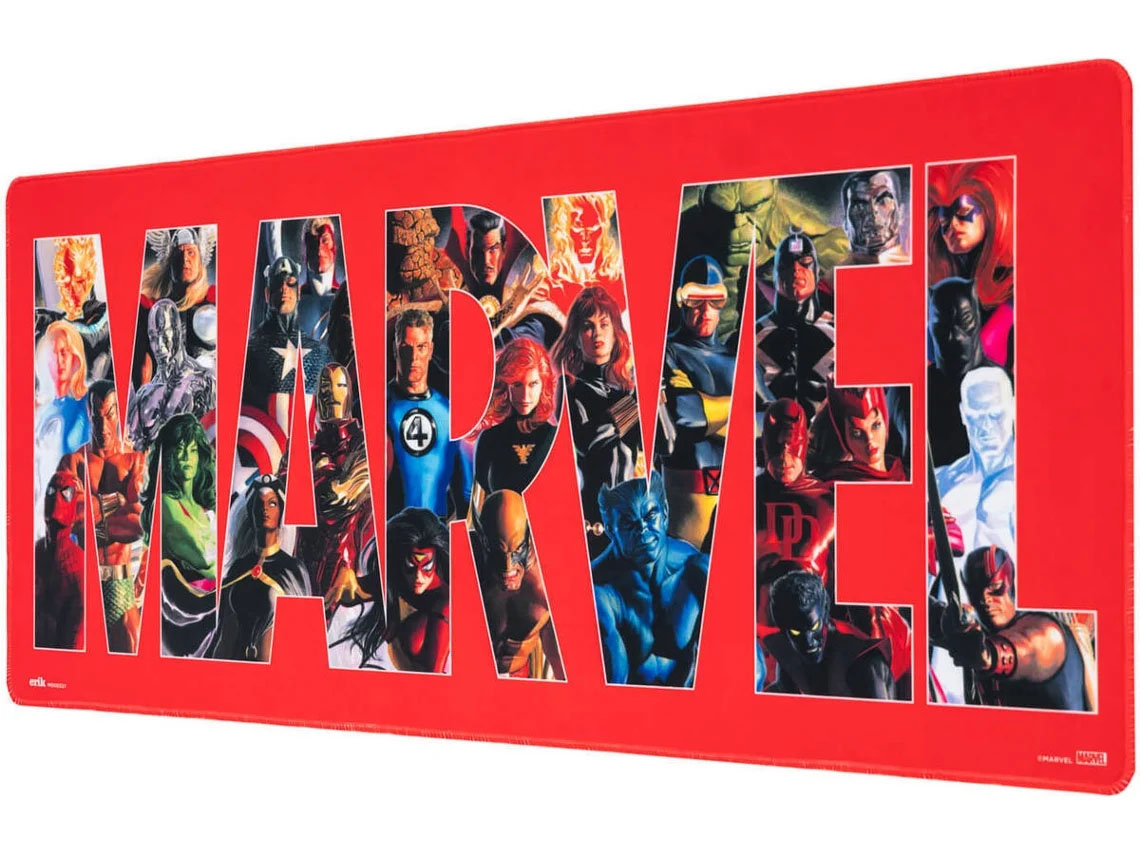 Tapete vermelho com o texto MARVEL preenchido por personagens da Marvel