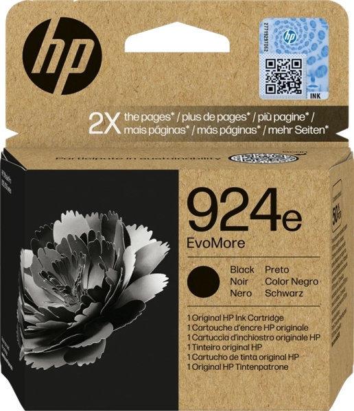 Embalagem de cartucho de tinta HP 924e preto com imagem de flor
