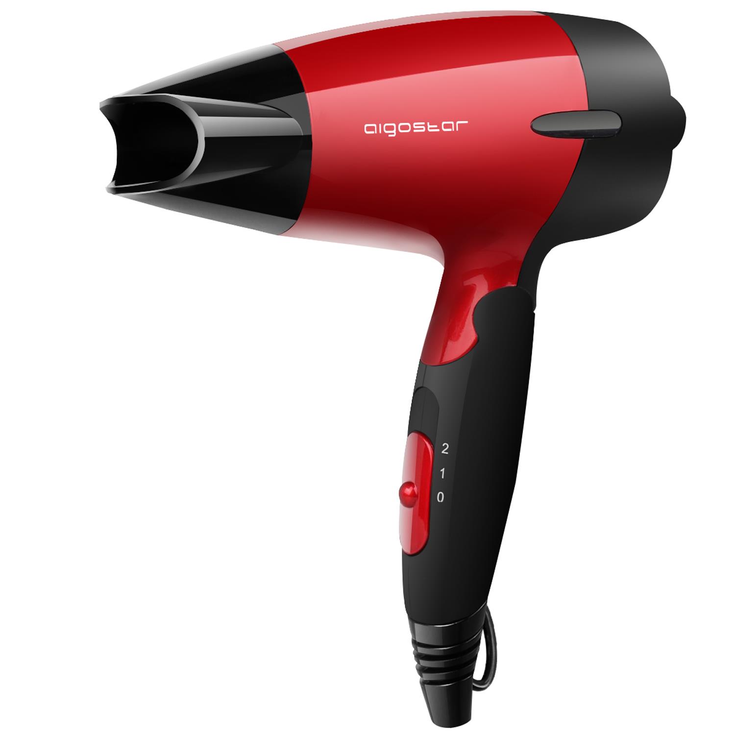 Secador de cabelo vermelho e preto com botão de controle