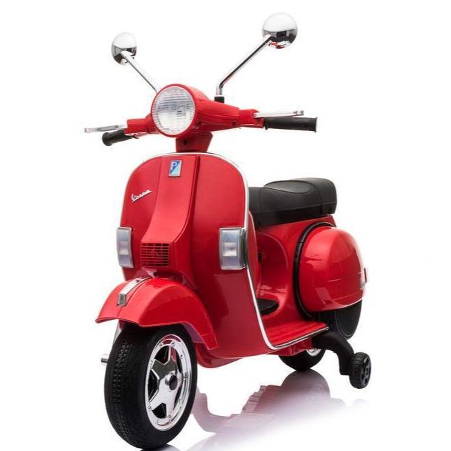 Scooter elétrica infantil vermelha com banco preto e retrovisores cromados