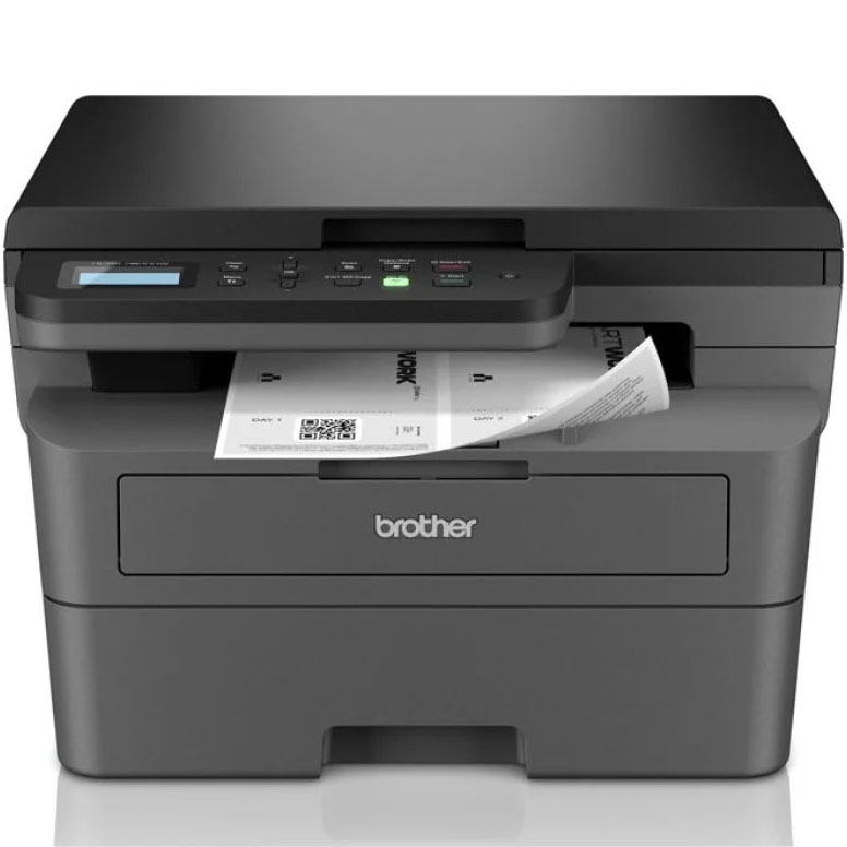 Impressora Brother preta a imprimir documento em papel branco