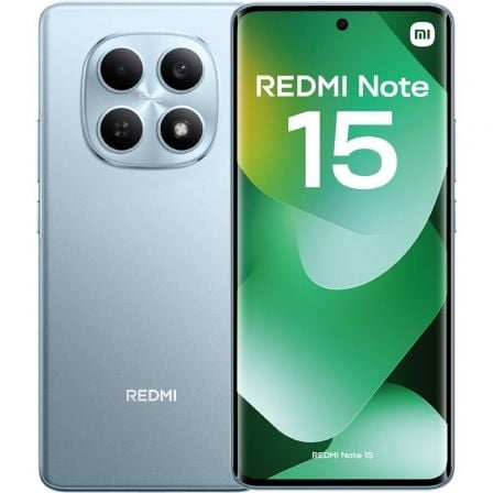 Smartphone Redmi Note 15 prateado com módulo de câmera traseira e ecrã verde