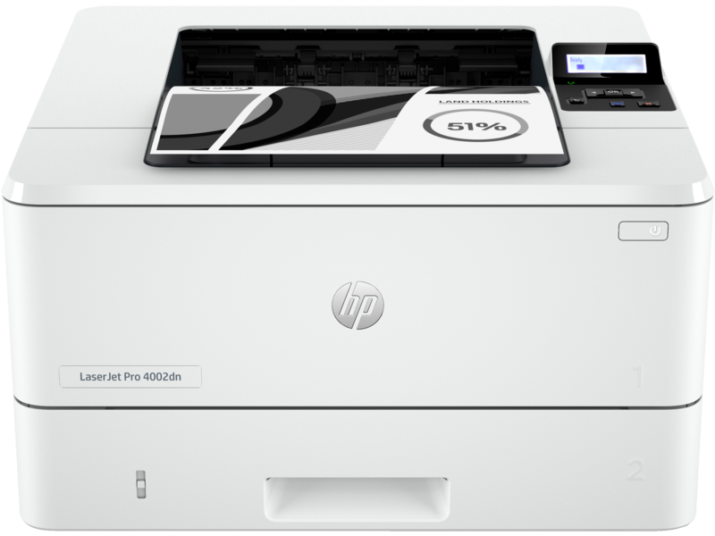 Impressora HP LaserJet Pro 4002dn branca com painel de controlo digital e papel impresso.