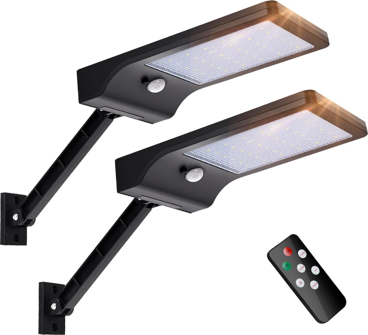 Duas luzes LED de parede exteriores pretas com sensores de movimento e controlo remoto preto.