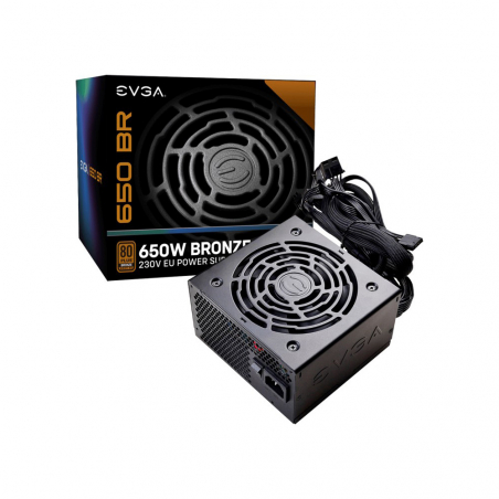 Fonte de alimentação EVGA 650 BR preto com grelha circular e embalagem