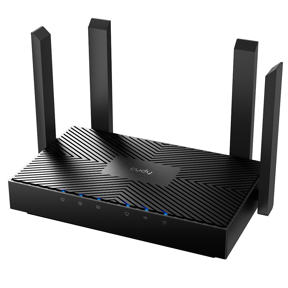 Roteador wifi preto com quatro antenas e luzes LED azuis