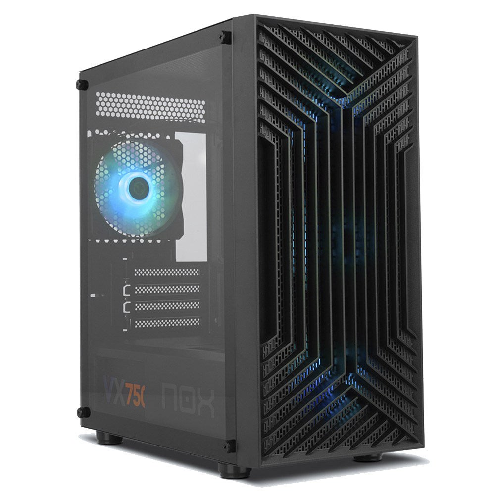 Computador torre preto com painel de vidro transparente e ventoinha azul