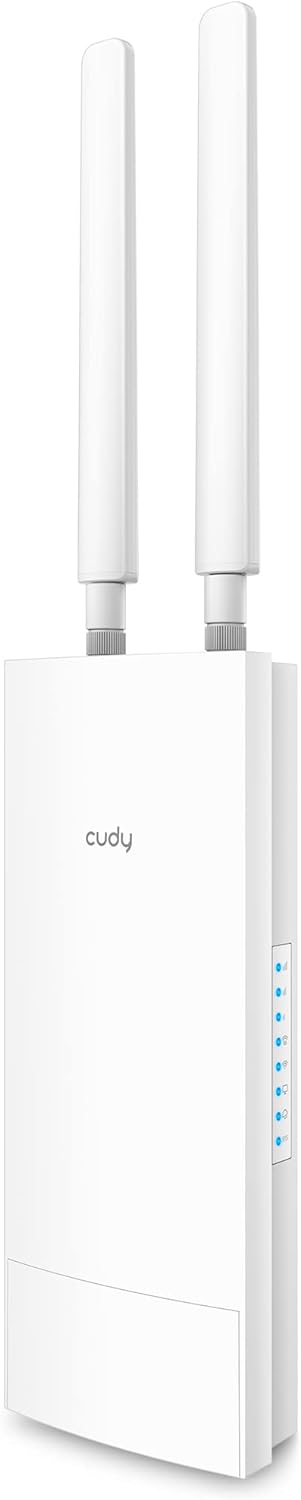 Roteador wireless branco cudy com duas antenas e luzes LED azuis laterais