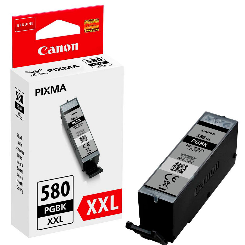 Tinteiro Canon PIXMA 580 PGBK XXL preto e sua embalagem branca e vermelha