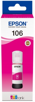 Tinta magenta Epson 106 EcoTank em embalagem branca e rosa