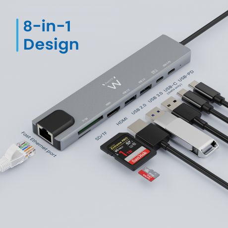 Hub USB multiporta cinza 8-em-1 com várias portas e cabos conectados