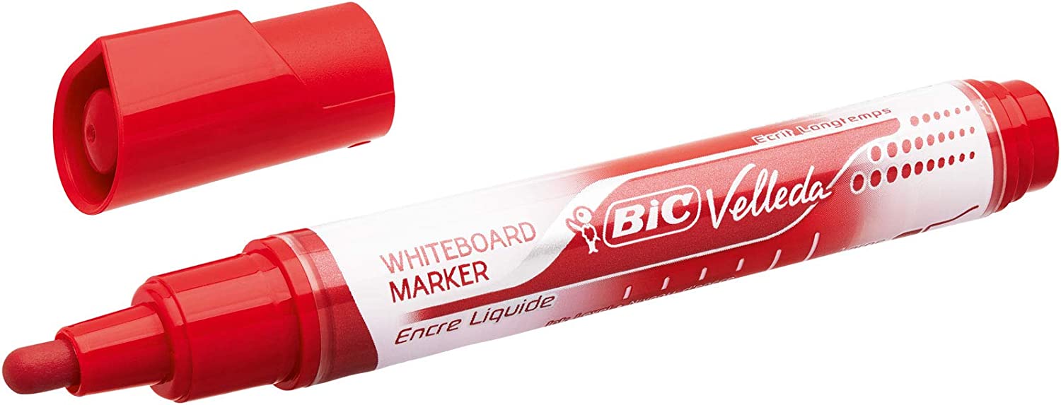 Marcador branco e vermelho para quadro branco BIC Velleda com tampa vermelha destacada